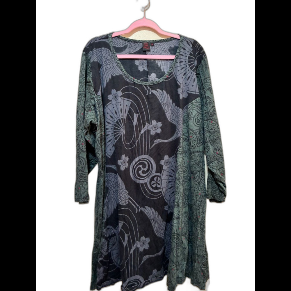 Aller Simplement Black and Green Patterned Long Sleeve Tunic Dress cotton 3x